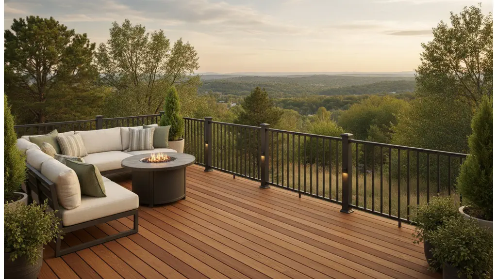 Deck railing ideas for outdoor living with wood and dark metal