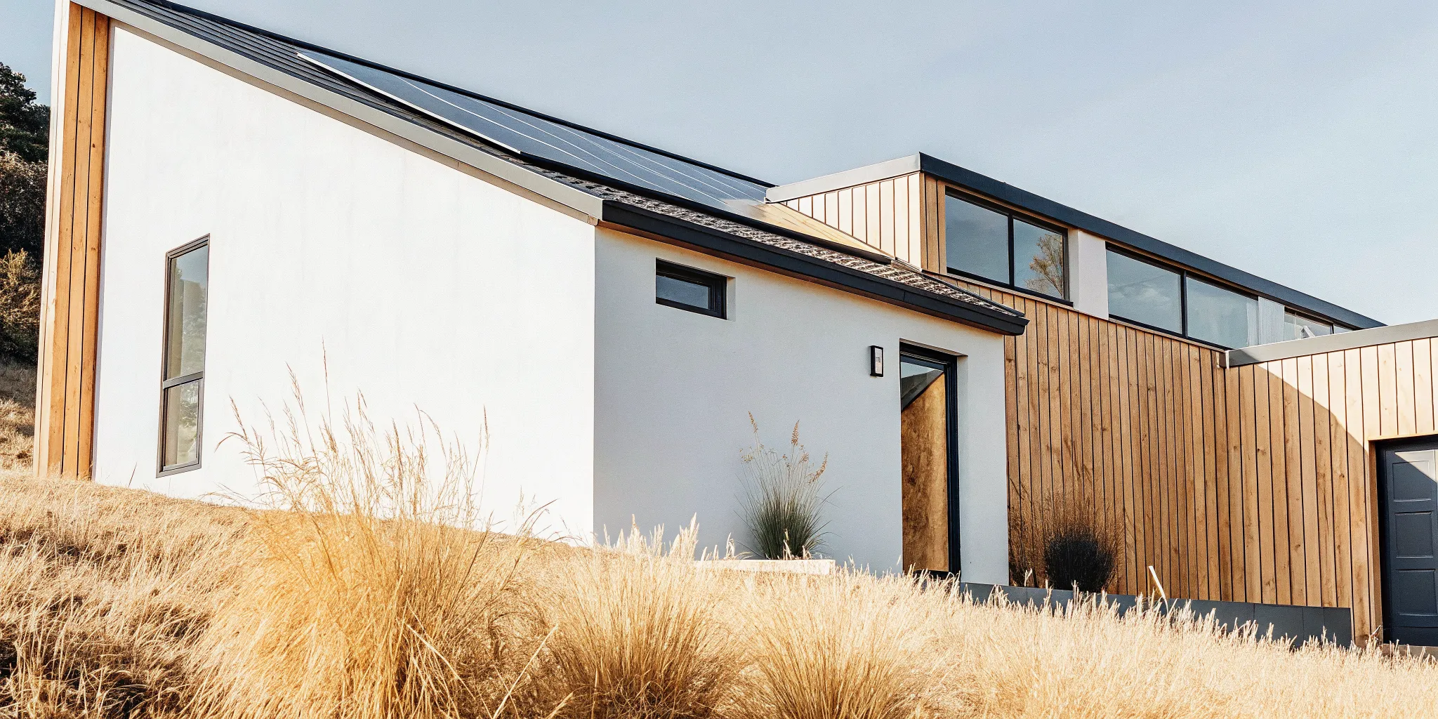 Modern home with solar panels, built by professional eco friendly home builders.