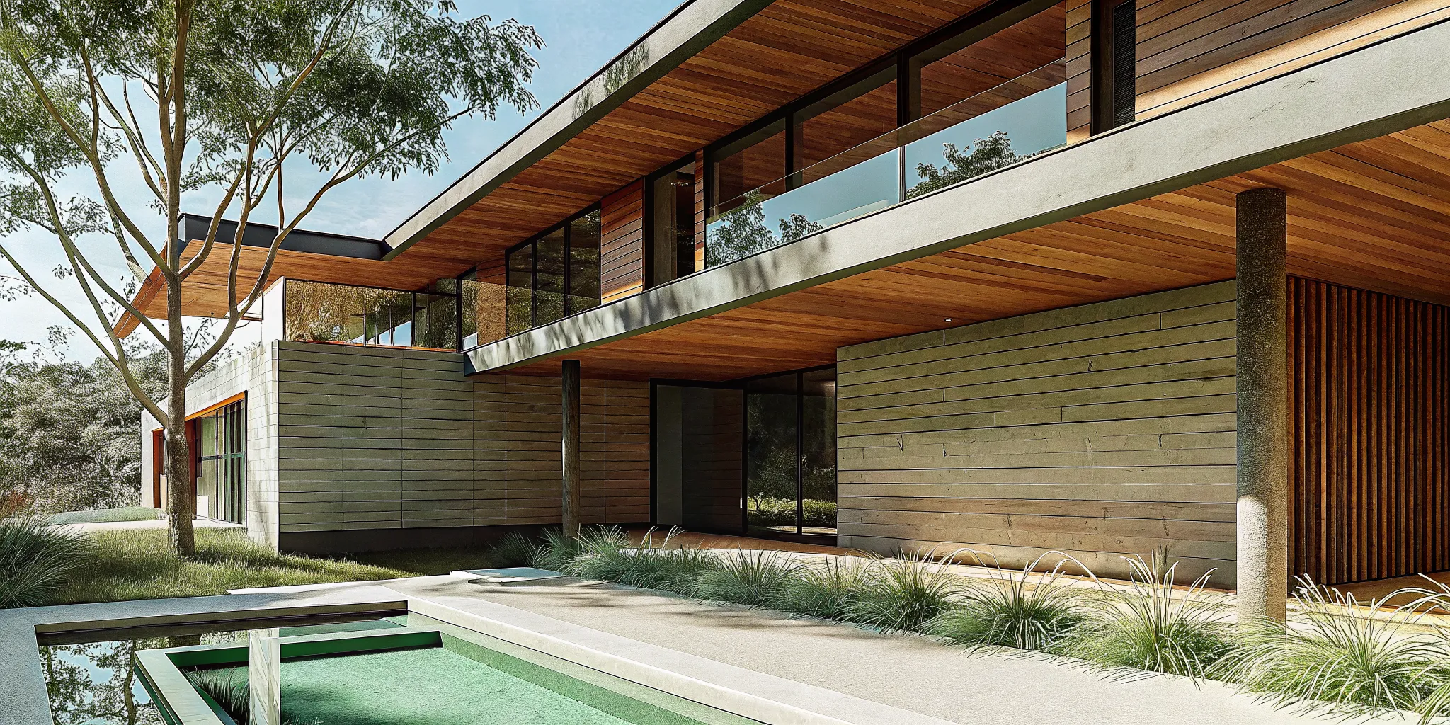 Modern eco-luxury home featuring sustainable wood, energy-efficient windows, and an outdoor living space.