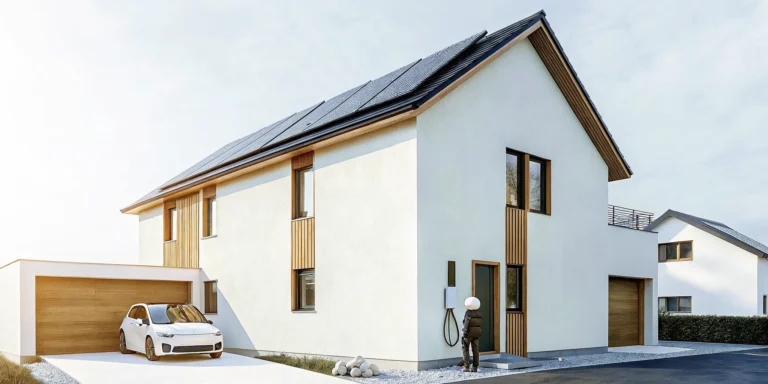 Modern ENERGY STAR certified home with solar panels and an EV charging station.