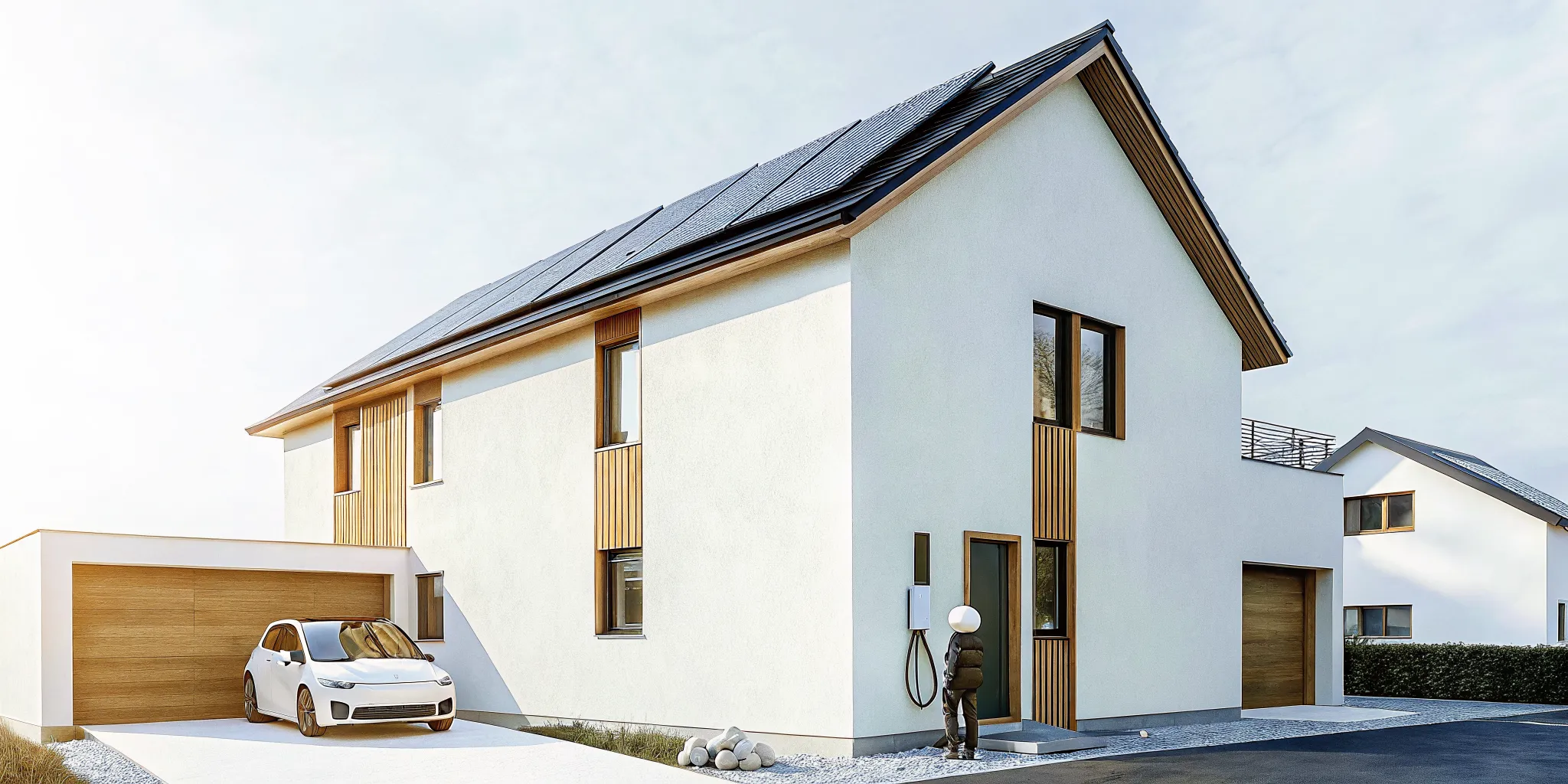 Modern ENERGY STAR certified home with solar panels and an EV charging station.