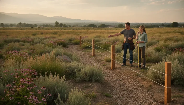 Contractors laying out a fence install with posts, a gate, and a gravel drainage path in a Denver Metro Area backyard