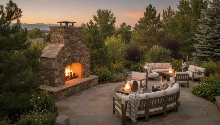 Denver Metro outdoor living area with a fire feature and seating