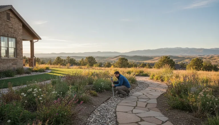 Denver Metro yard drainage assessment beside a gravel trench and landscaped path