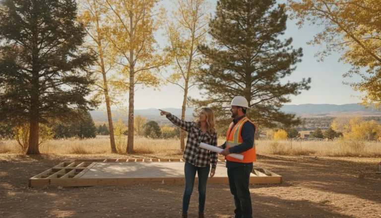 Highlands Ranch homeowner and contractor reviewing a backyard construction plan