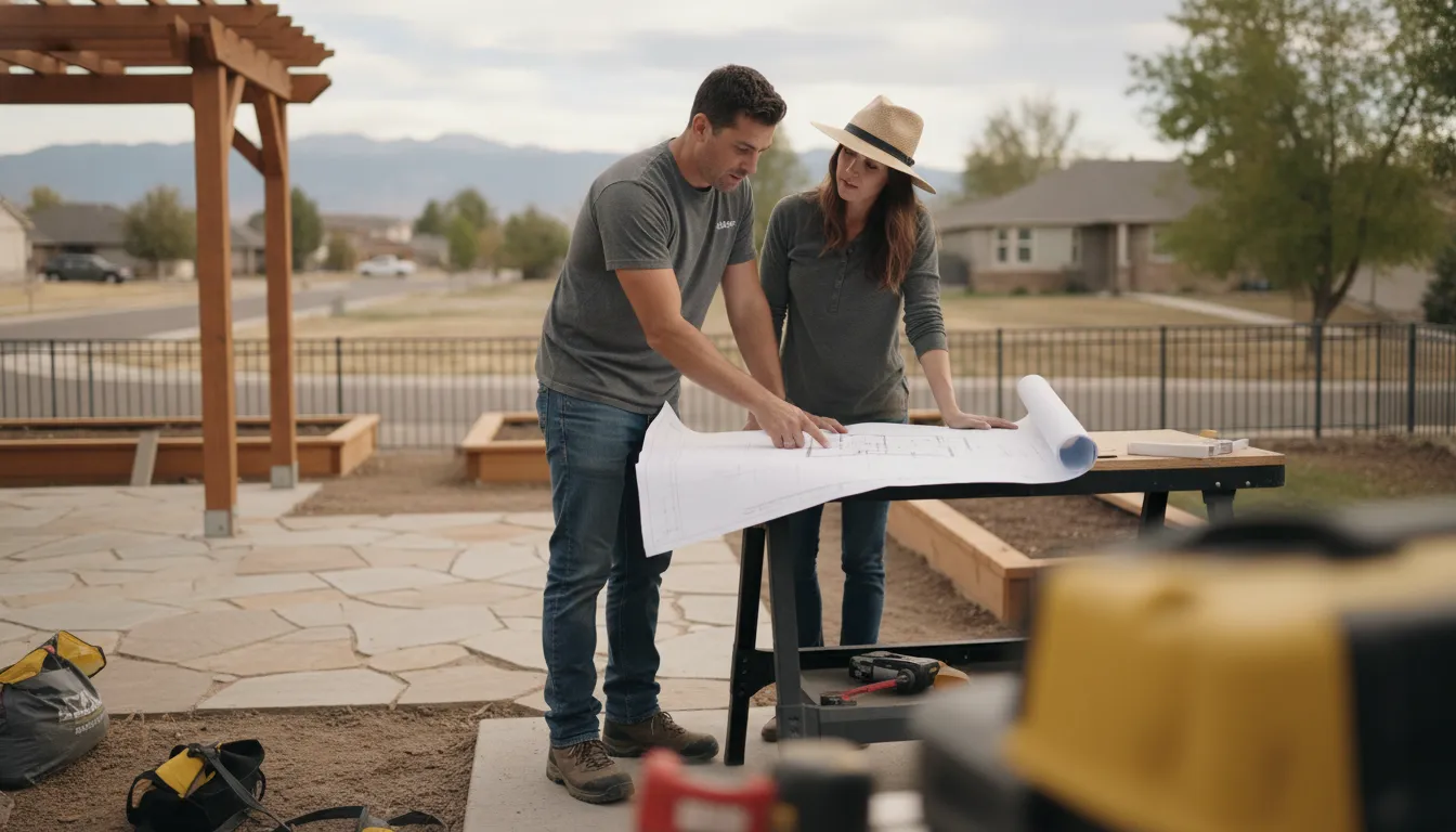 Owner-led contractor reviewing a construction plan with a Wheat Ridge property owner