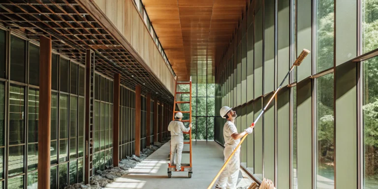 Commercial ceiling and wall painting experts working in a large commercial building.
