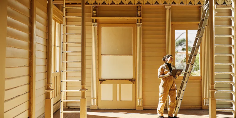 Home painting contractor inspects the interior of a historic house with original woodwork.