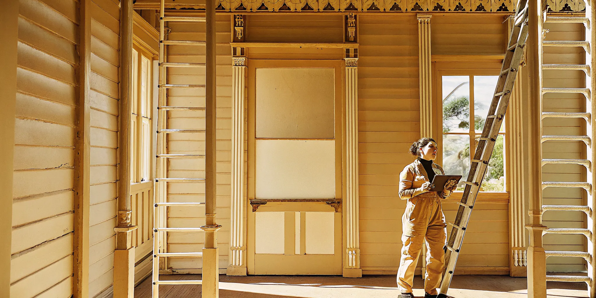 Home painting contractor inspects the interior of a historic house with original woodwork.