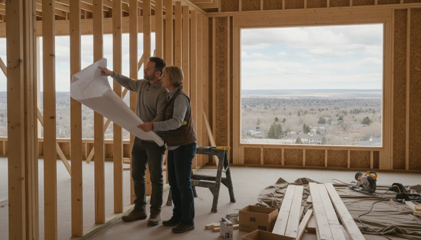 Homeowner reviewing custom home plans with a general contractor in a bright Colorado home