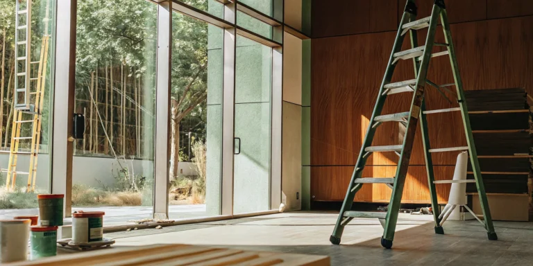 Painting contractors working on the interior of a restaurant and retail store.