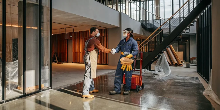 Commercial spray painting contractors shaking hands after being hired for a renovation project.