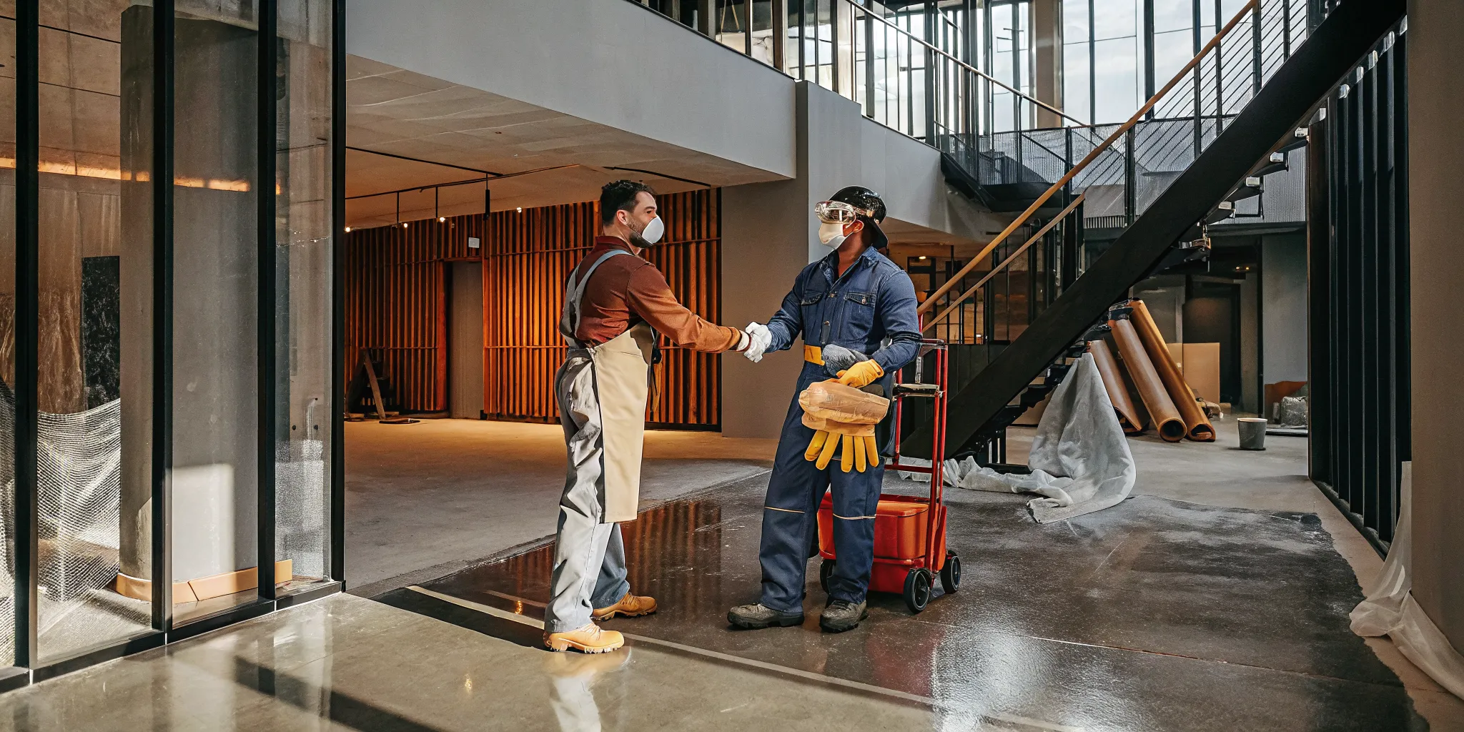 Commercial spray painting contractors shaking hands after being hired for a renovation project.