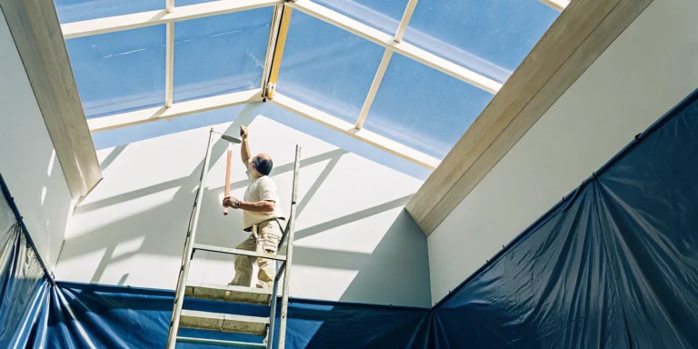 Professional house painter on a ladder painting a high vaulted ceiling.
