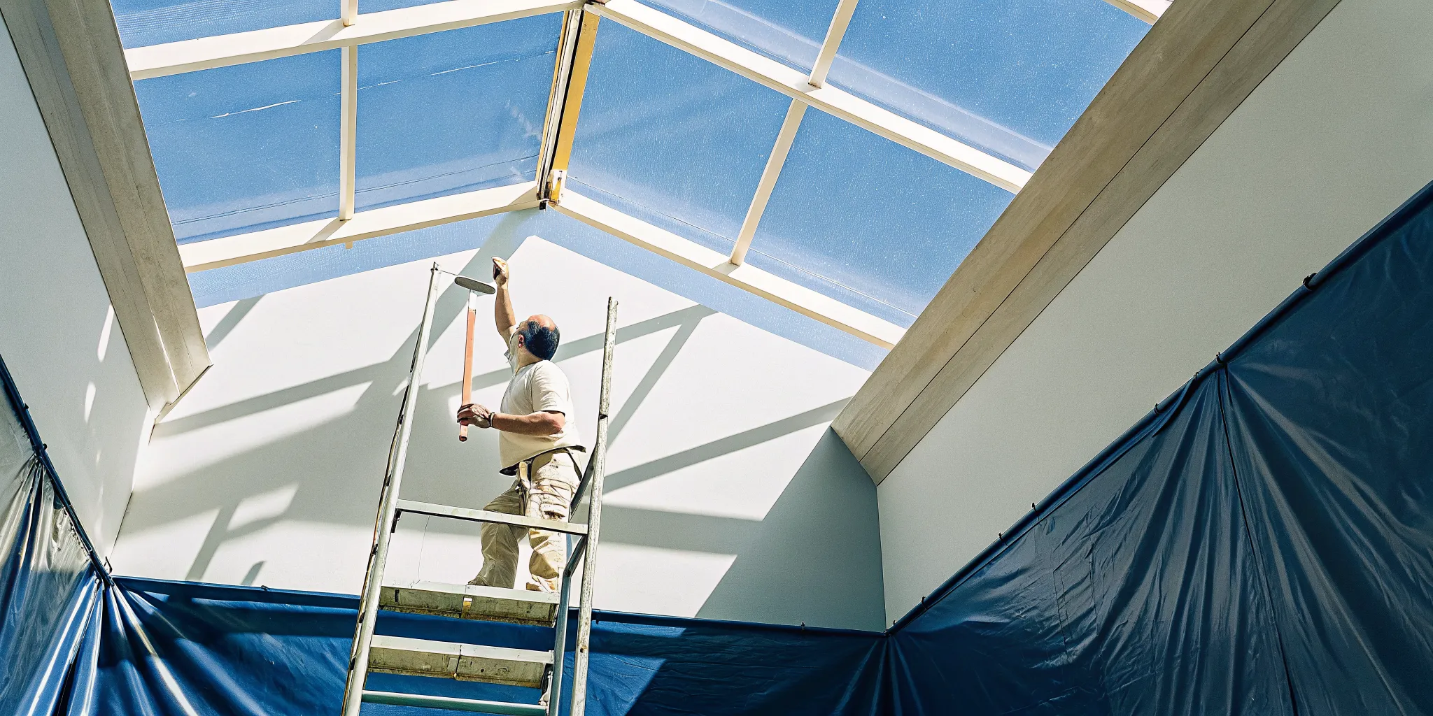Professional house painter on a ladder painting a high vaulted ceiling.