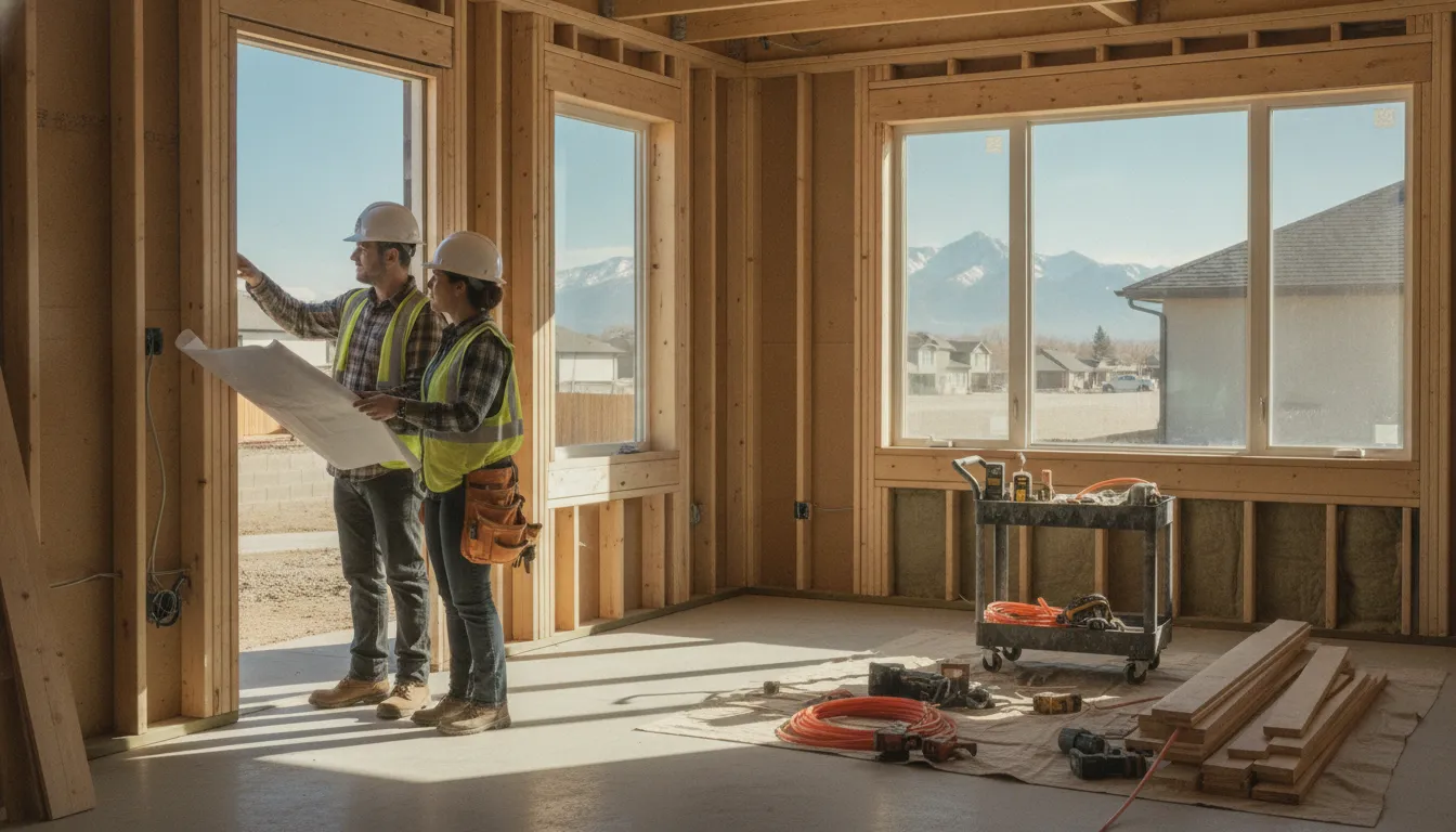 Contractor and homeowner planning an ADU renovation in a bright partially finished space