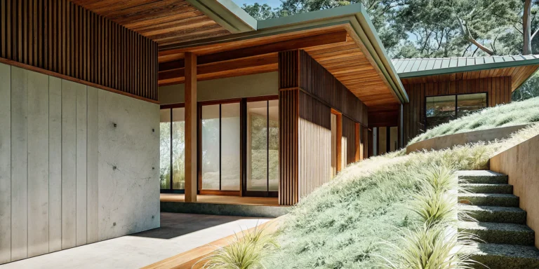 Luxury sustainable home with large windows, built with reclaimed materials and natural landscaping.