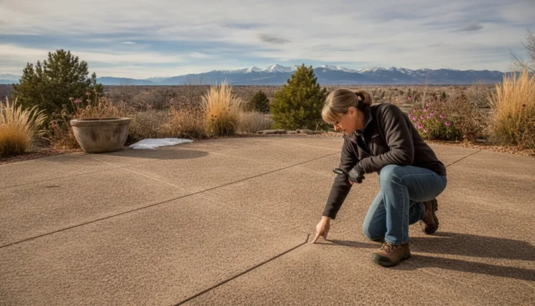 Denver Metro Area homeowner examining a crack in an outdoor concrete patio