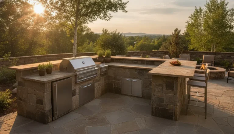 L-shaped outdoor kitchen with a separate dining area in a Denver Metro Area backyard