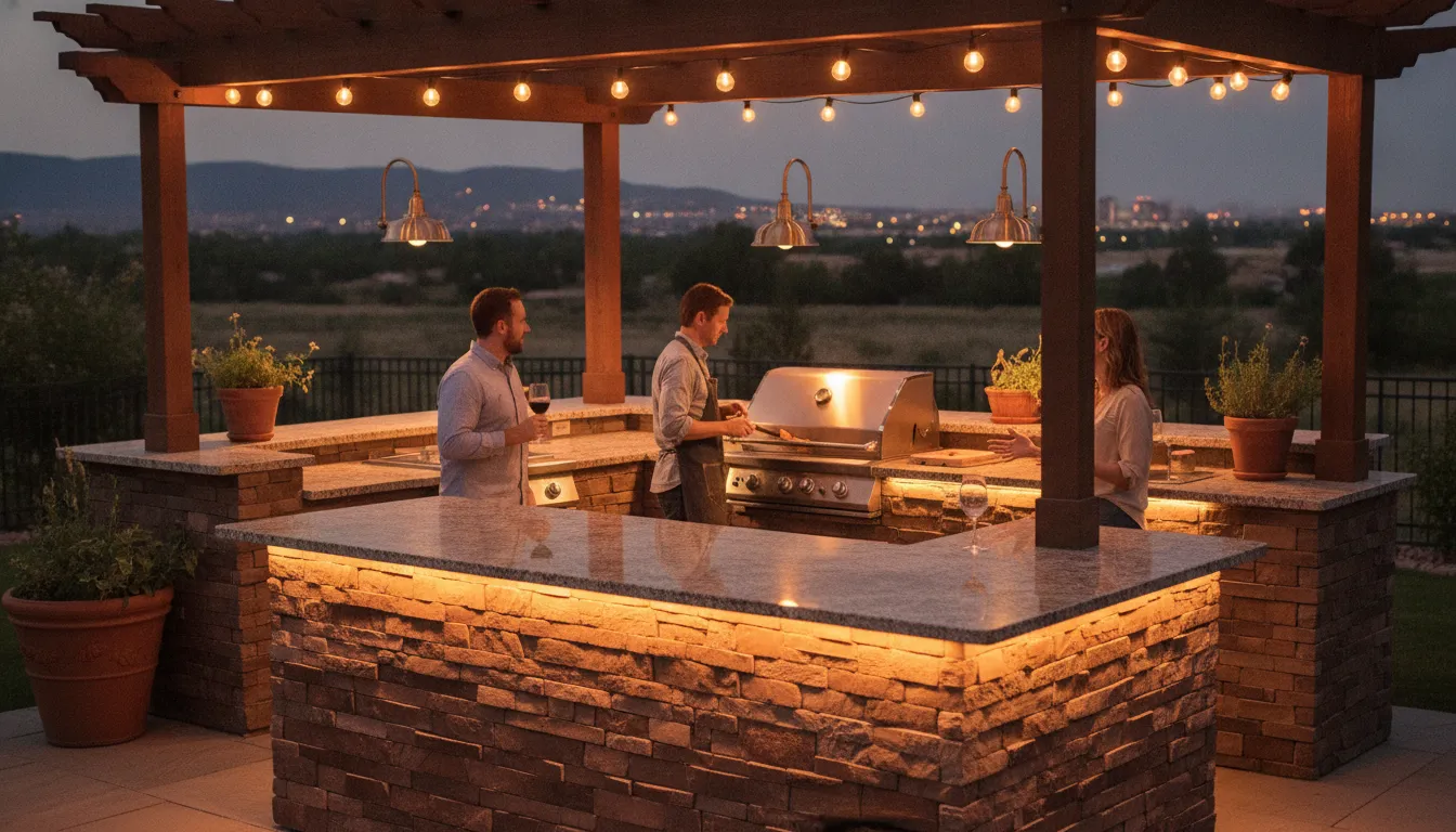 Layered lighting in a Denver Metro Area outdoor kitchen at dusk