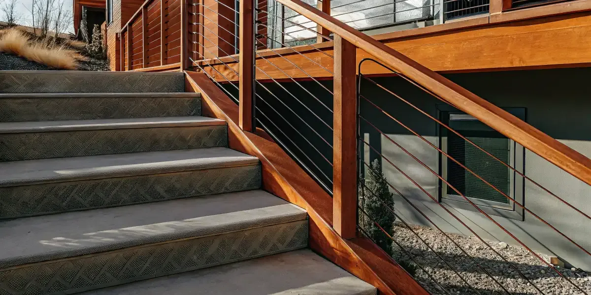 Outdoor stair materials connecting a deck to a landscaped yard