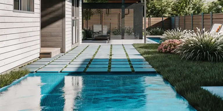 Permeable paver patio and walkway in a landscaped yard