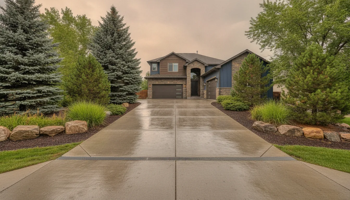 Concrete driveway drainage planning with a channel drain directing rainwater away from a Denver Metro Area garage