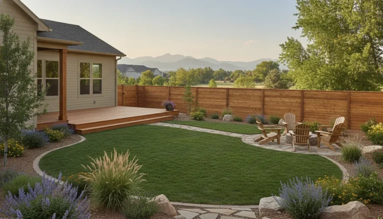 Freshly finished wooden deck and fence in a Denver Metro Area backyard