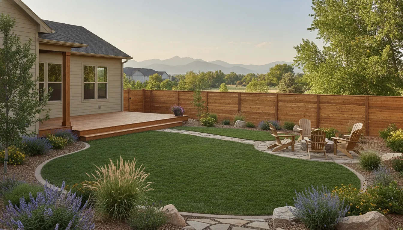 Freshly finished wooden deck and fence in a Denver Metro Area backyard