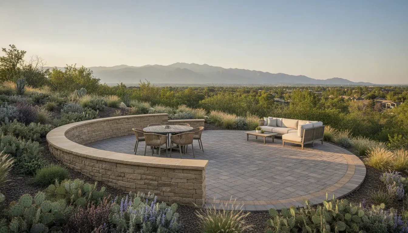 Retaining wall and patio design creating a level outdoor living space in a Denver Metro Area backyard
