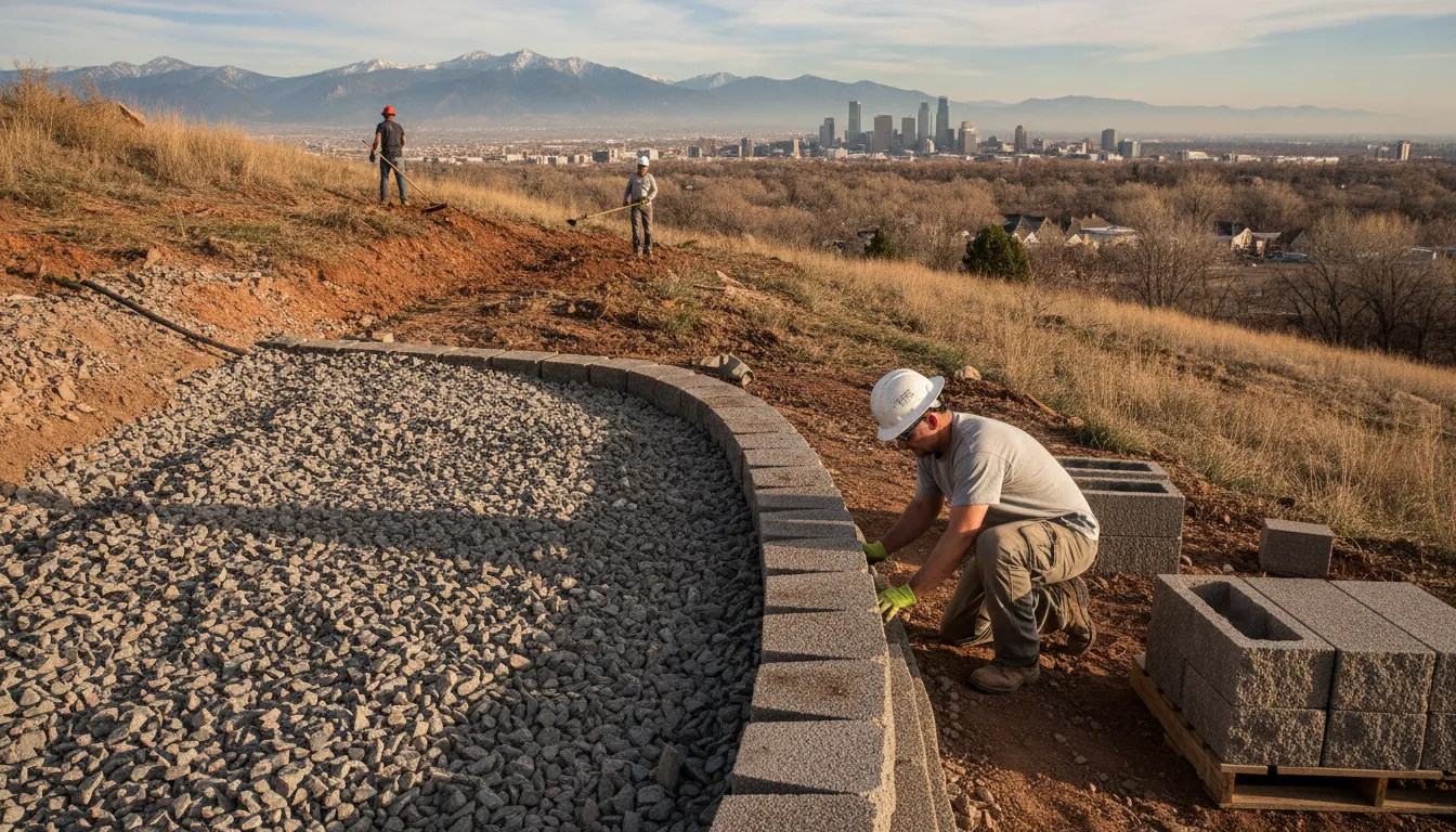 Contractor installing a retaining wall base on a Denver Metro Area slope
