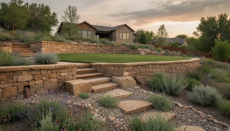 Repaired retaining wall in a Denver Metro landscape