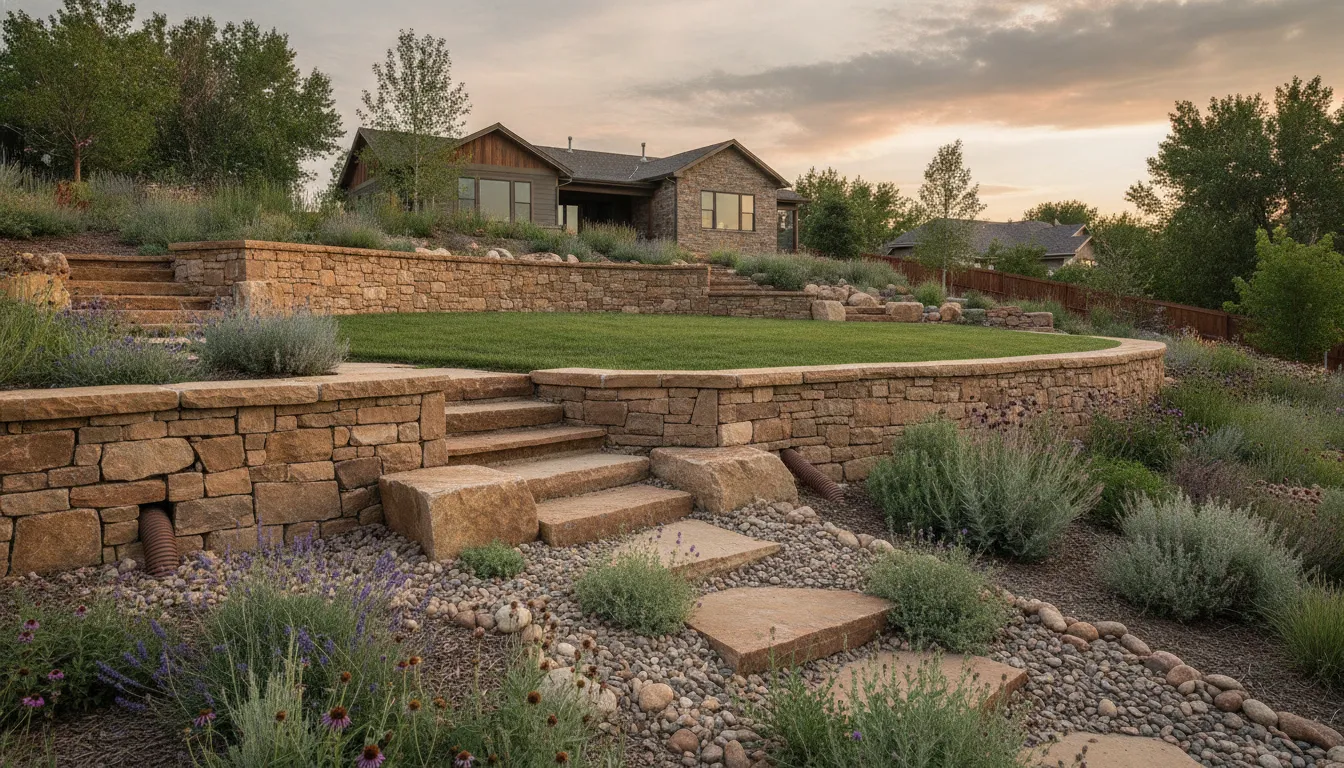 Repaired retaining wall in a Denver Metro landscape