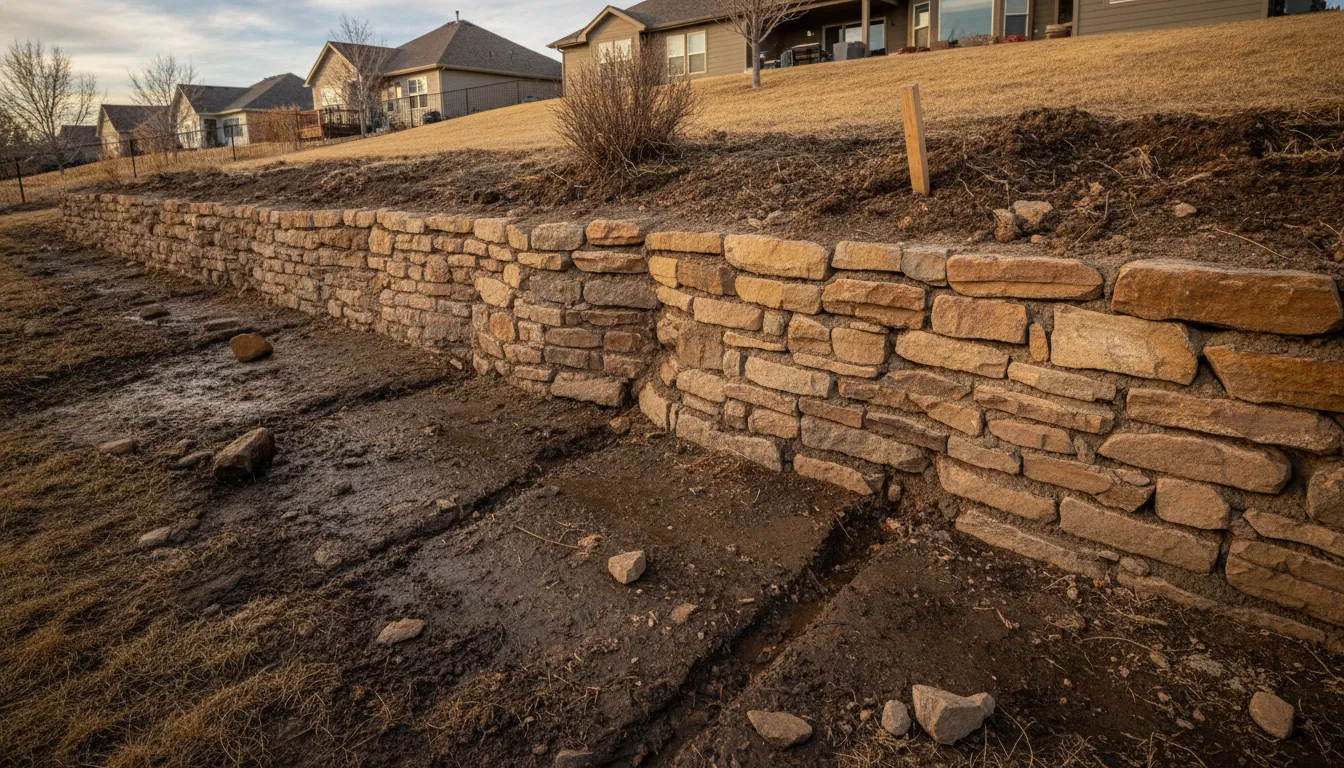 Retaining wall showing signs of movement and drainage concerns