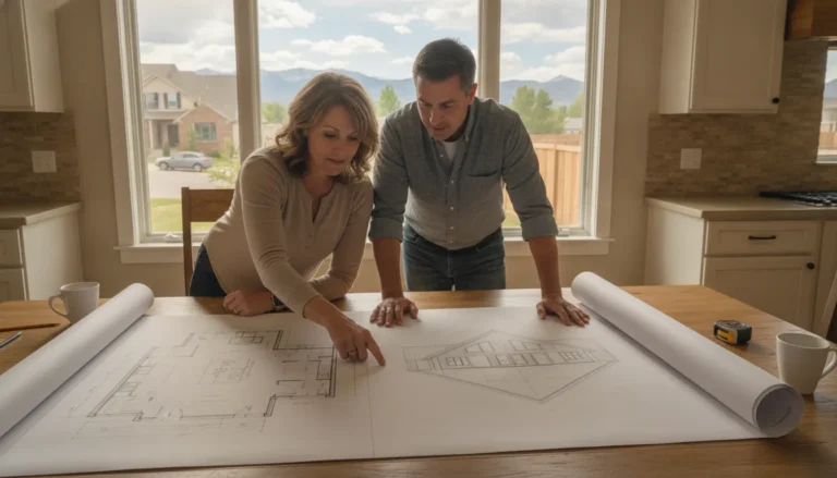 Homeowner and construction professional reviewing a room addition floor plan in a Denver Metro Area home