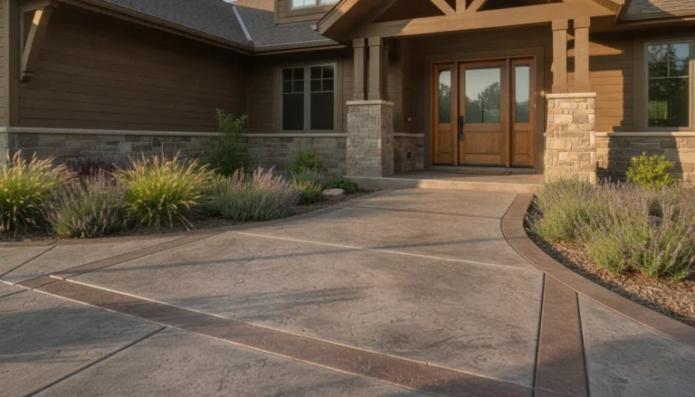 Stamped concrete walkway leading to a finished home entry in the Denver Metro Area