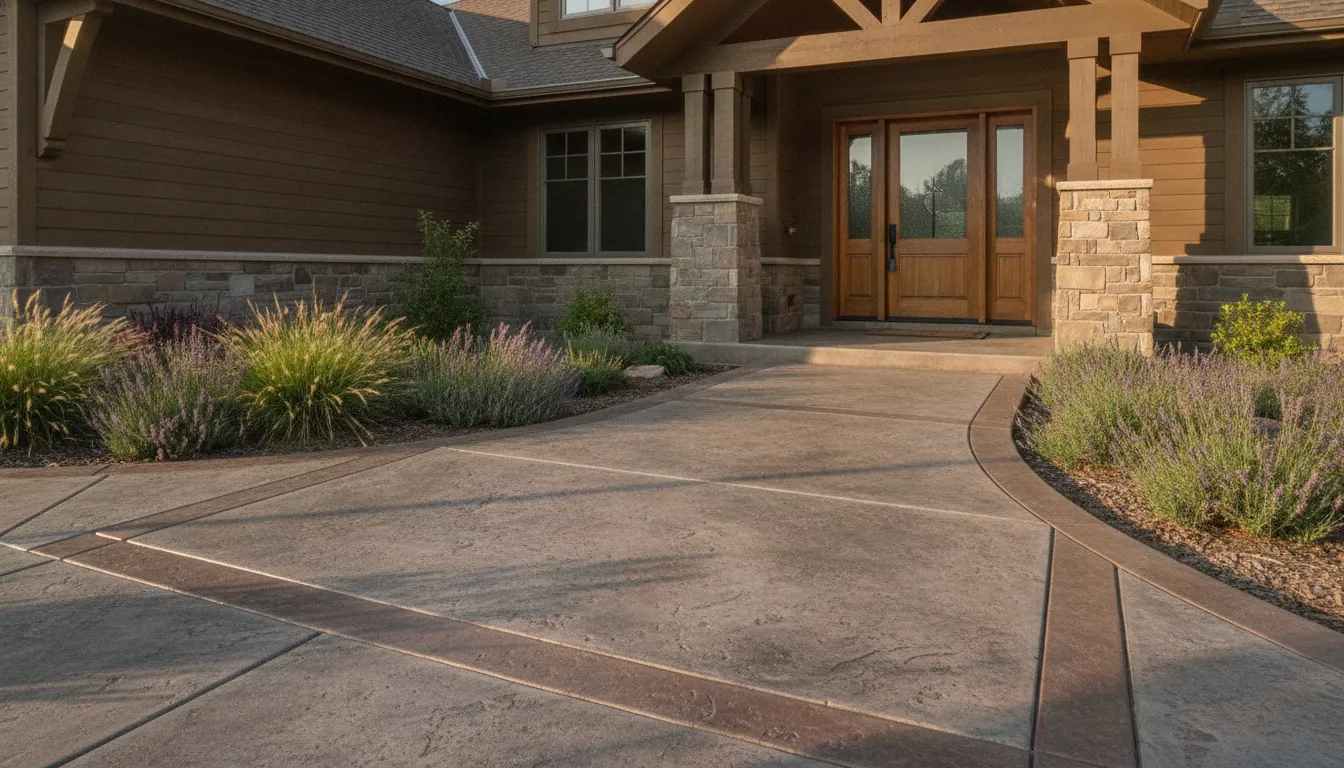 Stamped concrete walkway leading to a finished home entry in the Denver Metro Area