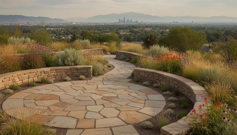 Stone walkway, patio, and retaining wall features in a Denver Metro Area landscape