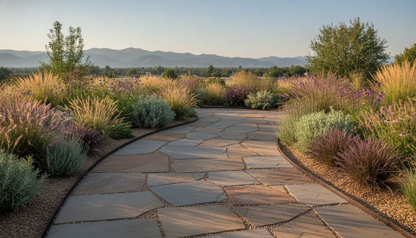 Natural stone walkway winding through a Denver Metro garden with planting beds