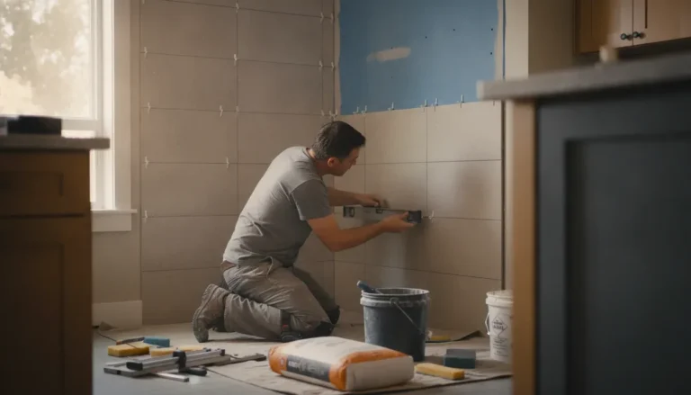 Tile installer aligning kitchen and bathroom wall tile over a prepared waterproof substrate