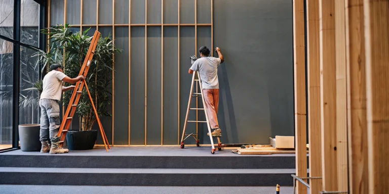 Commercial painters providing eco-friendly painting services prepare an office wall.