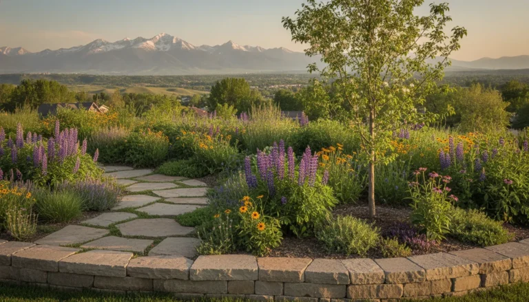 Denver Metro Area planting bed with drought-tolerant plants and stone landscape edging