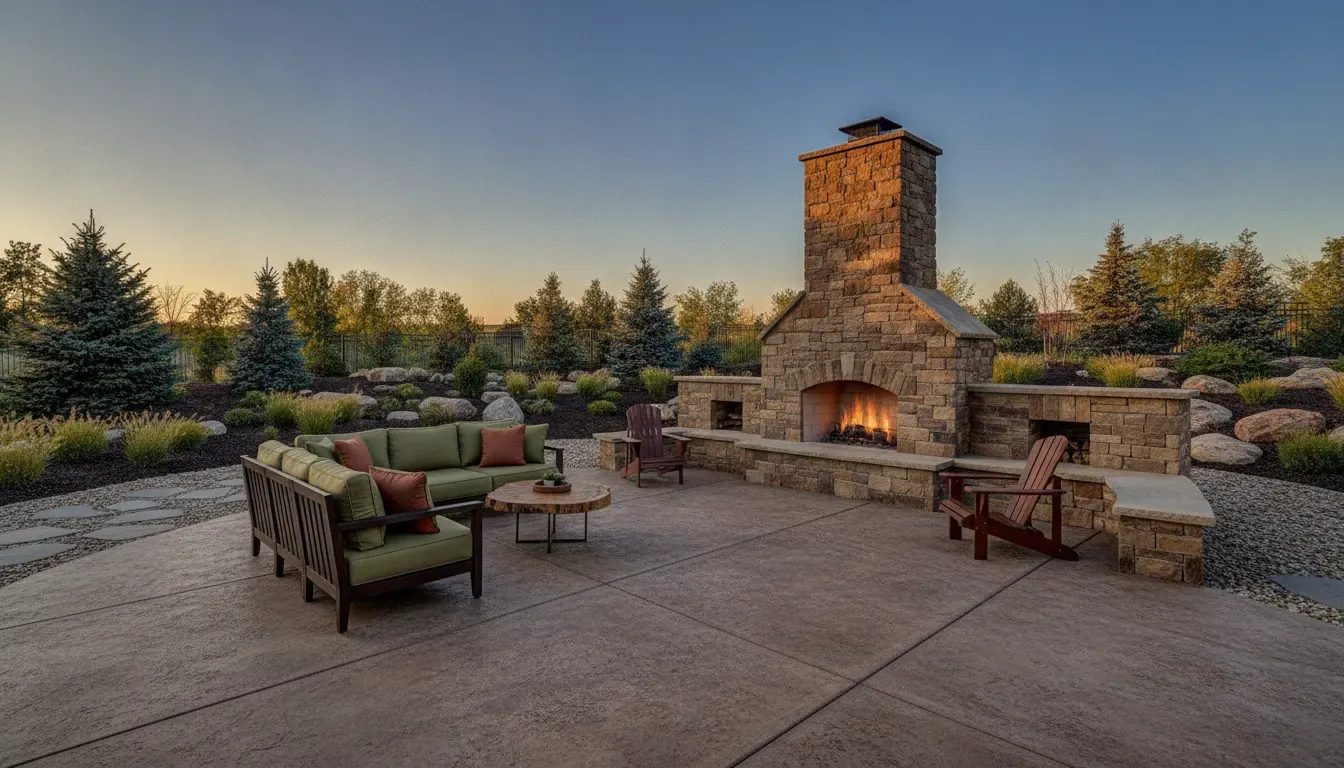 Stone outdoor fireplace planned into a Denver Metro Area patio