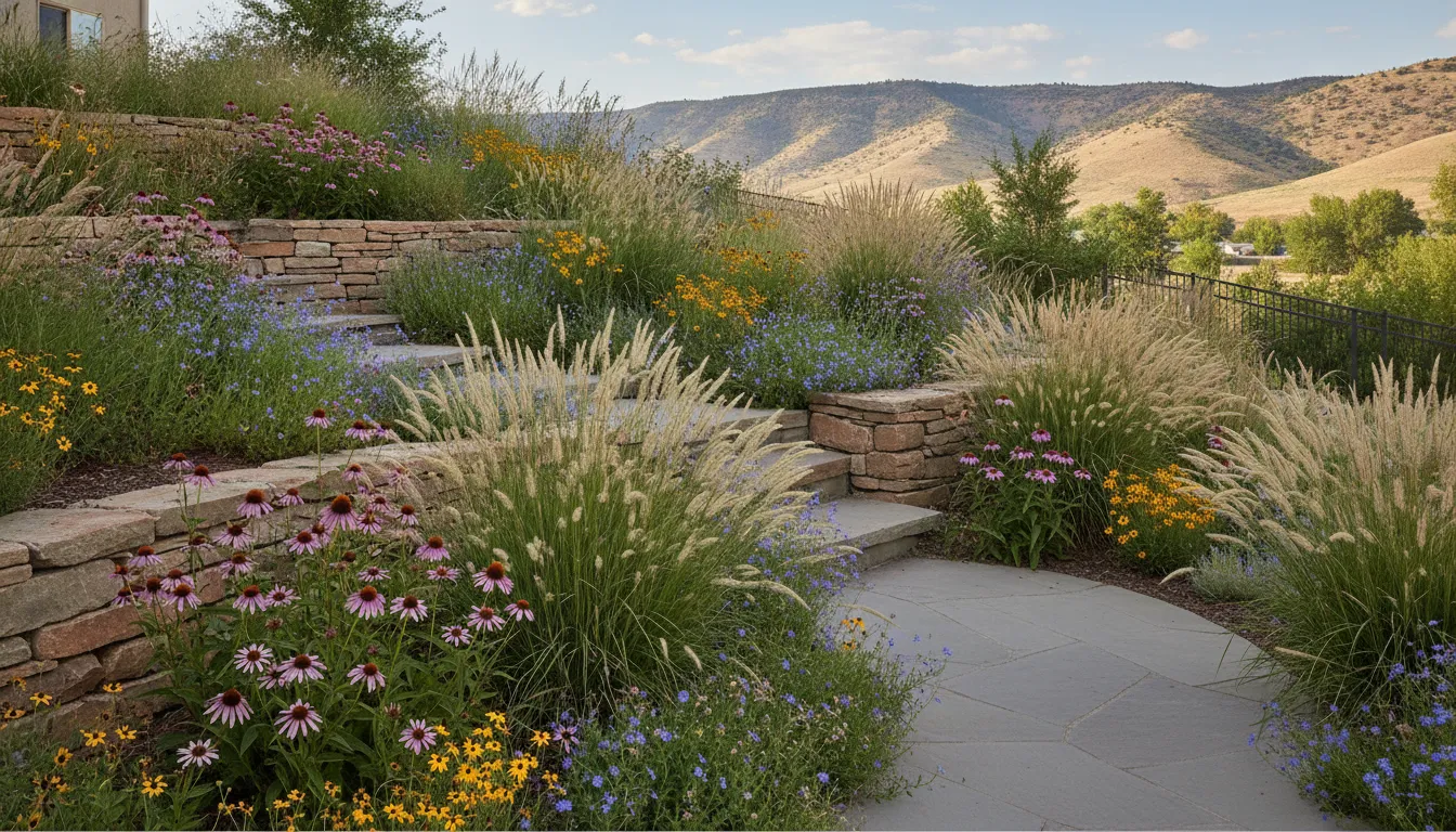 Denver Metro Area landscape with planting beds, retaining wall, and walkway