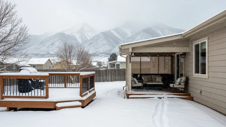 Denver backyard deck and patio covered in light snow with mountains in the background during winter