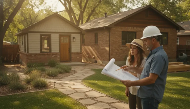 Homeowner and contractor reviewing an ADU application beside a detached cottage in a Denver Metro backyard