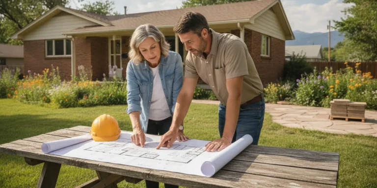 Homeowner and contractor reviewing a residential improvement plan outside a Commerce City home