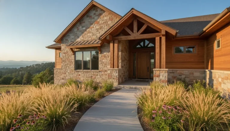 Finished custom home exterior with stone, wood, and a covered entry in the Denver Metro Area