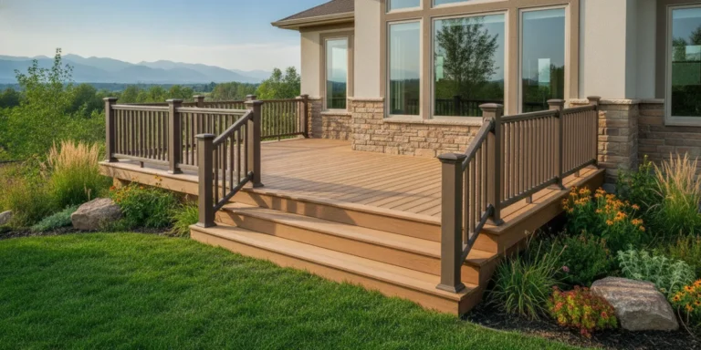 Composite deck beside a home in the Denver Metro Area, with stairs and a sturdy railing