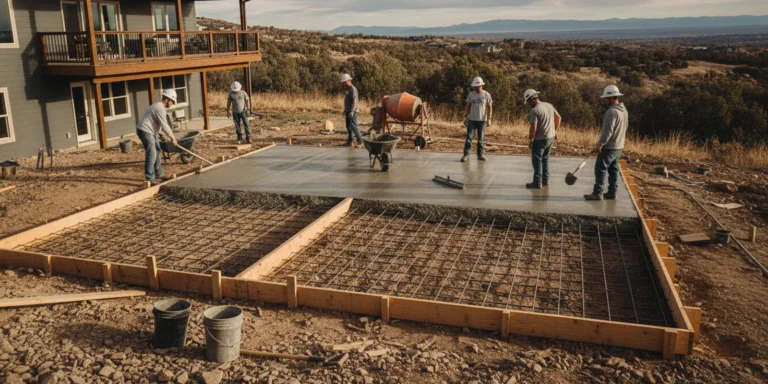 Concrete crew preparing a residential patio base in a Denver Metro Area backyard